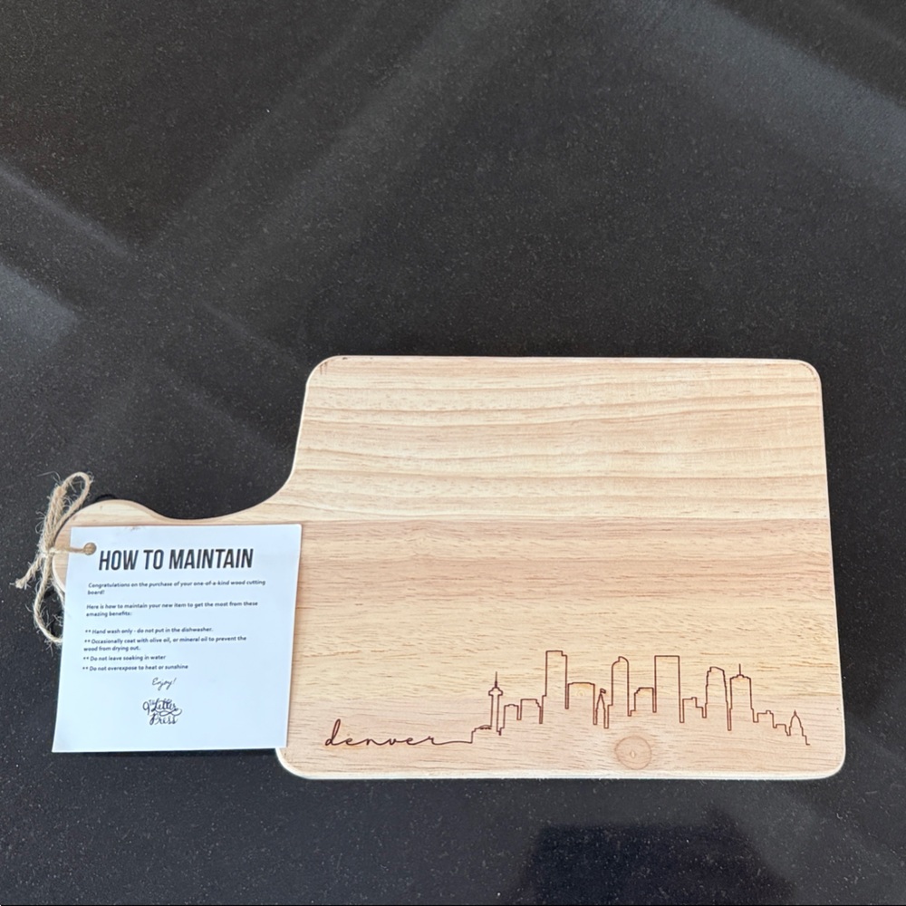 NWT Wooden Cutting Board with Denver Skyline Design